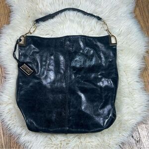 Badgley Mischka Black Leather Hobo Bag with Glossy Finish